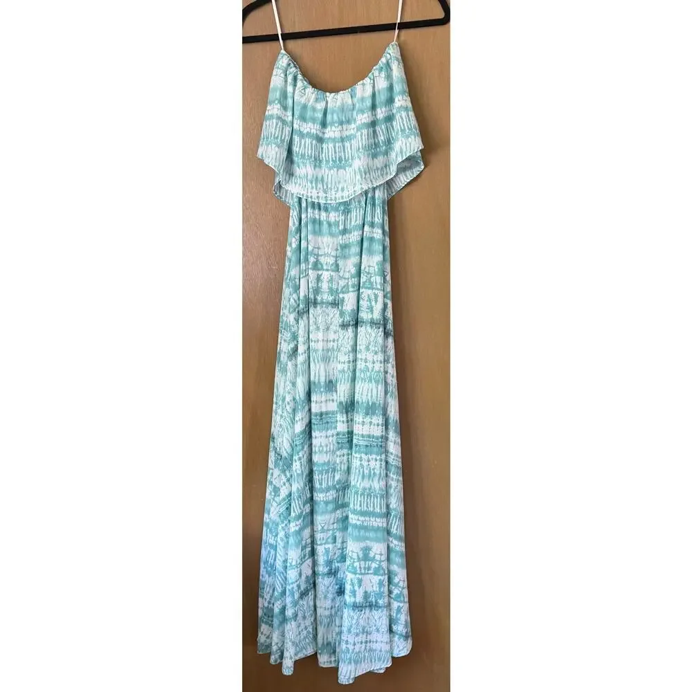 Aakaa Strapless Tie Dye Blue Maxi Dress Sz S Romantic Boho Feminine Vacay Resort